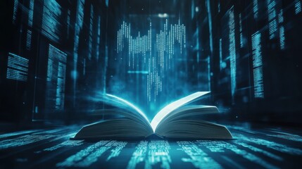 Electric blue book with digital paths illuminating pages