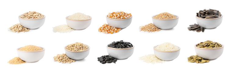 Different cereal grains and plant seeds in bowls on white background, collection