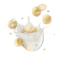 Macadamia nuts and splashing milk in air on white background