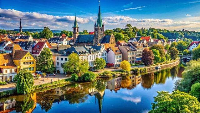 Scenic view of Herford city with historical architecture and serene landscapes under clear blue sky