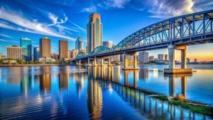 Fototapeta premium Scenic View of Jacksonville Florida Bridge Over Water with Clear Blue Sky and Vibrant Cityscape Background