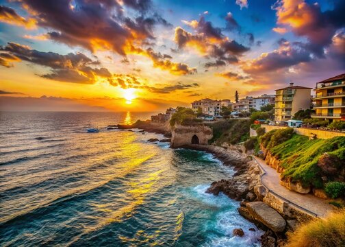Scenic view of Lattakia's beautiful coastline and vibrant Mediterranean landscape during sunset