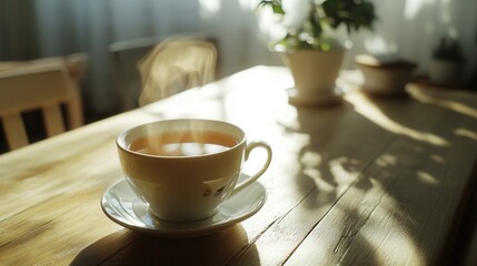 Fototapeta premium A cup of herbal tea on a table, with soft, natural light creating a calming atmosphere