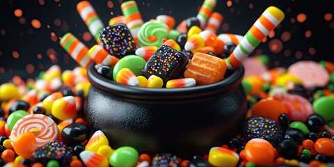 A colorful display of Halloween candies, with black, orange, and green candy corn, lollipops, and chocolates arranged in a witch's cauldron.