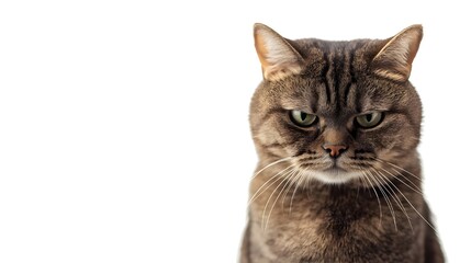 cat portrait looking serious or angry isolated on white background .
