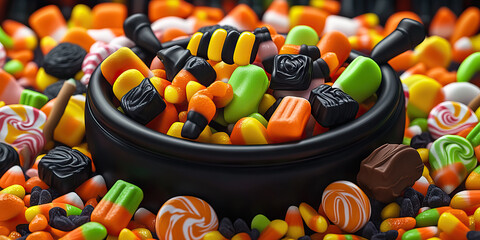 A colorful display of Halloween candies, with black, orange, and green candy corn, lollipops, and chocolates arranged in a witch's cauldron.