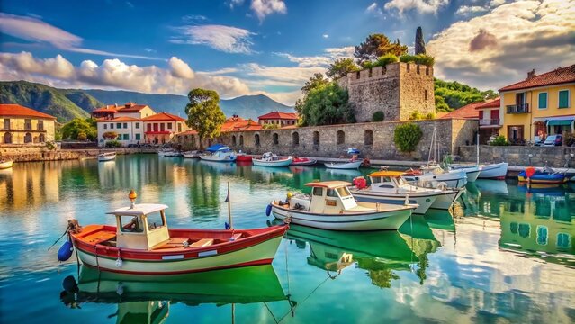 Scenic view of Nafpaktos harbor with traditional boats and stunning architecture under a clear sky