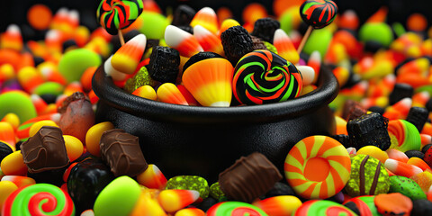 A colorful display of Halloween candies, with black, orange, and green candy corn, lollipops, and chocolates arranged in a witch's cauldron.