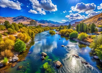 Scenic View of Reno Nevada with River and Mountains Under Clear Blue Sky in Beautiful Daylight