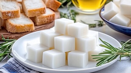 Freshly sliced manchego cheese sits on a white plate, accompanied by artisanal bread and vibrant rosemary, creating a delightful Spanish tasting experience