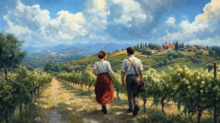 Obraz premium A couple walking through a vineyard under a bright sky, enjoying nature's beauty.