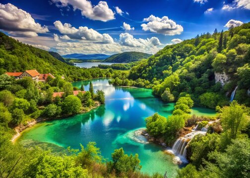 Scenic View of Smiljan's Natural Landscape with Lush Greenery and Clear Blue Skies in Croatia