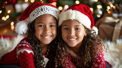 Two young girls are smiling and wearing red and white Christmas hats