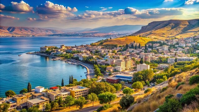 Scenic View of Tiberias on the Shores of the Sea of Galilee Surrounded by Beautiful Landscapes