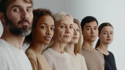 Diverse group of people are standing in a line, representing the concept of unity and diversity. They are all wearing casual clothing and have neutral expressions on their faces