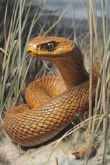 Fototapeta premium A close-up of a realistic snake coiled in grass, showcasing its detailed scales and habitat.