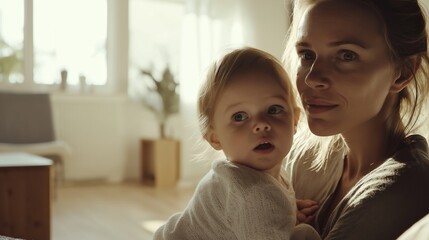 Fototapeta premium Young mother holds her baby girl in a cozy living room, bathed in warm natural light, radiating love and happiness. A candid portrait of their tender bond, showcasing the beauty of family
