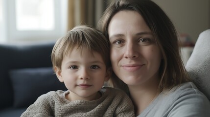 Mother and son share a happy moment on a sofa at home, radiating love and joy in natural light