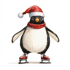 Fototapeta premium Penguin in Santa Hat with Ice Skates on Ice