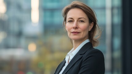 Obraz premium A woman in a business suit stands in front of a building