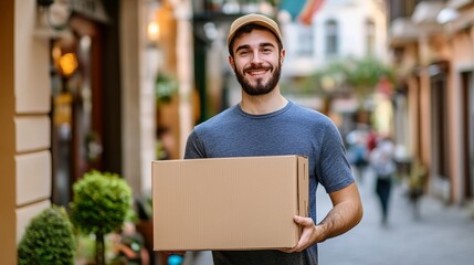 A man is holding a cardboard box and smiling