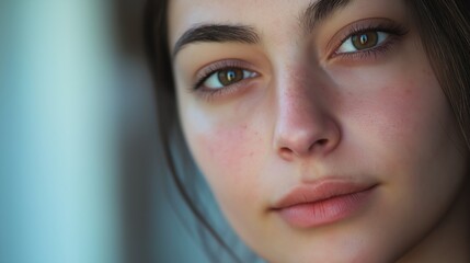 Fototapeta premium Confident young woman with flawless skin poses indoors in a captivating beauty portrait, showcasing her natural beauty with fresh makeup