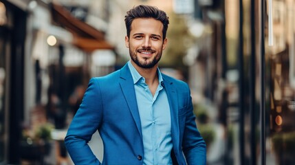 Obraz premium Confident man in a blue suit smiling outdoors