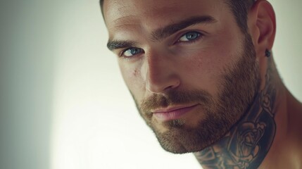 Fototapeta premium Confident young man with blue eyes and neck tattoo poses in studio, exuding masculinity and style. Close-up portrait showcases his trendy, cool confidence, representing millennial generation