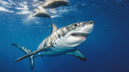 Fototapeta premium A great white shark swimming in clear blue water with marine life above.