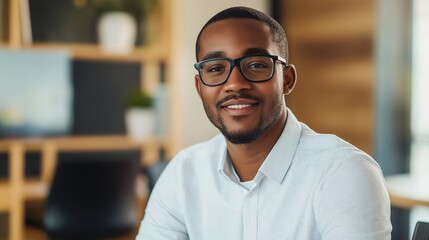 Confident, happy young businessman in a modern office, smiling and looking professional with glasses, creating a successful workplace atmosphere