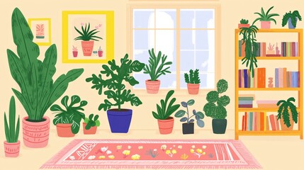 Lively home garden interior with lush plants and bookshelves