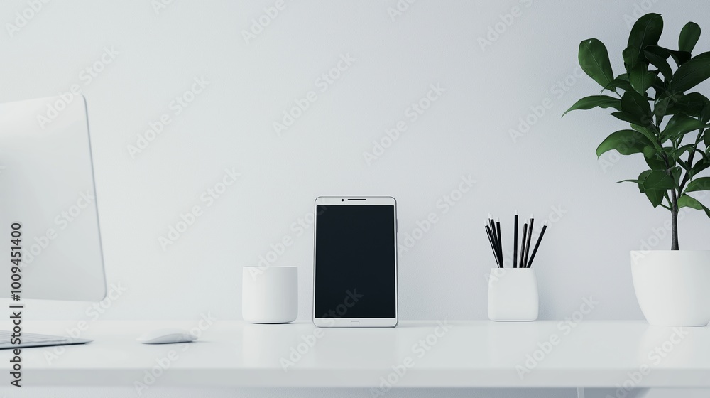 Poster white desk with a tablet showing an empty screen in an office, perfect for showcasing your design or