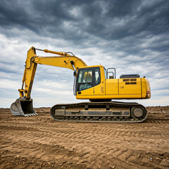 A powerful yellow excavator digs into the dirt, against a backdrop of a bright blue sky
