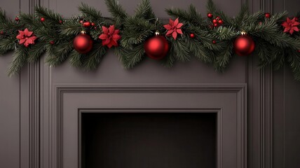 Red and black Christmas garland hanging over a snowy fireplace, 3D illustration