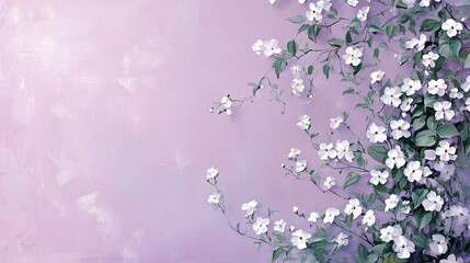Purple background with white flowers and green leaves.