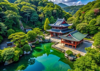 Serene Benzaiten Shrine Surrounded by Lush Greenery and Tranquil Water in a Peaceful Setting