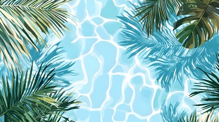 Light blue water background with palm leaves and ripples, swimming pool water, light aquamarine, tropical beach