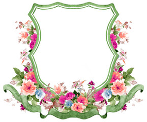 Vintage Crests and Monograms with Multicolored floral Watercolor illustration