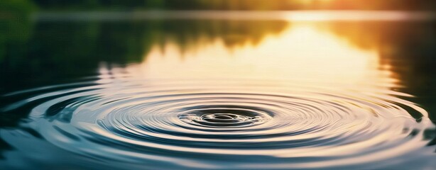 Close-up of ripples on water surface, reflecting sunset and surrounding nature.