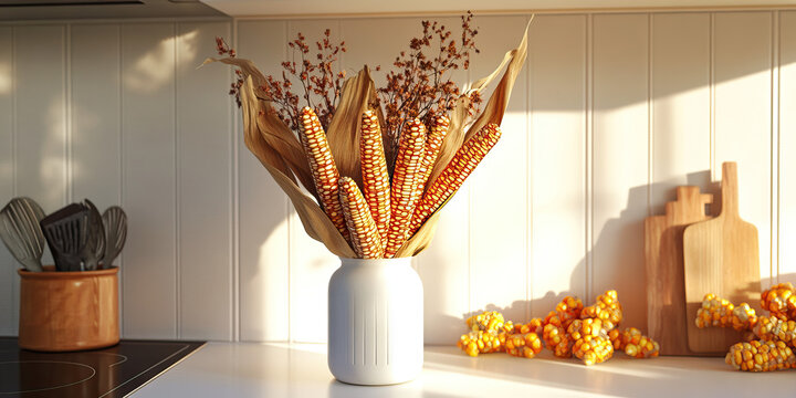 A vase of dried corn husks and Indian corn, adding a rustic touch to a simple white kitchen counter.