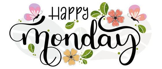 Happy MONDAY. Hello Monday vector days of the week with flowers, butterflies and leaves. Illustration (Monday)