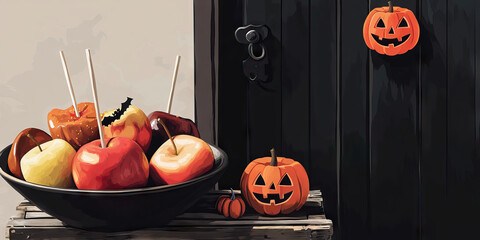 A bowl of candy apples, caramel apples and other Halloween treats, resting on an old wooden crate next to a black door with a jack-o'-lantern on it.