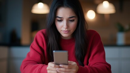 an attractive woman wearing red cloth and looking sad and holding her phone at home