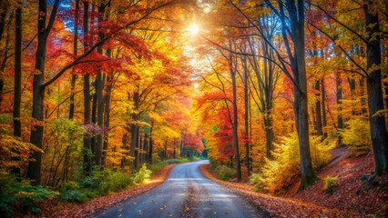 Fototapeta premium Serene Fall Forest Road Surrounded by Colorful Foliage and Soft Light in Autumn Season