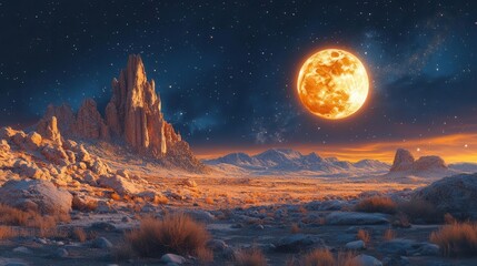 Obraz premium under a starry night sky filled with large celestial bodies a rocky terrain evokes a sense of wonder and fantasy reminiscent of epic landscapes from imaginative tales