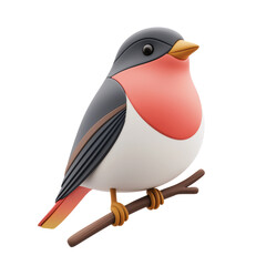 Obraz premium 3D illustration of a bullfinch bird sitting on branch, designed with a simple and colorful appearance. Characterized by rounded shape and vivid color pattern. Isolated on transparent background, png.