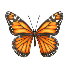 Fototapeta premium Realistic 3D monarch butterfly illustration with wings spread wide, showcasing bright orange and black colors. Detailed patterns, emphasizing natural beauty. Isolated on transparent background, png.