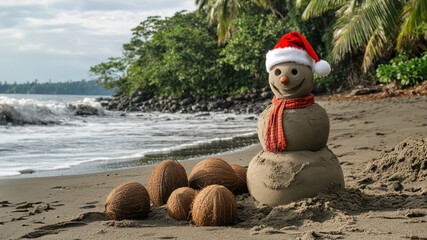 Creative a sandman instead of a snowman wearing a Santa hat and scarf on the beach, surrounded by tropical Christmas decorations like coconuts