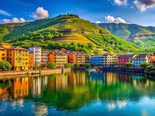 Fototapeta premium Serene Lakeside View of Lavasa with Colorful Buildings Surrounded by Lush Green Hills and Blue Sky