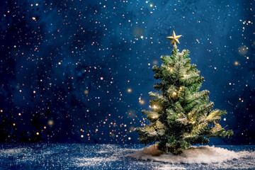 Elegant Christmas Tree on Festive Blue Background, Perfect Holiday Decoration. Copy space